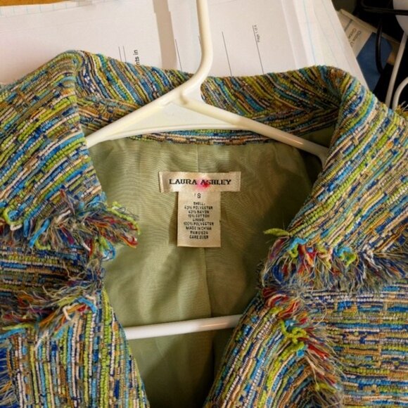Laura Ashley Multicolored Striped Fringed Tweed Jacket With Single Button - Picture 9 of 12
